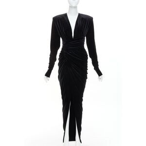 ALEXANDRE VAUTHIER black velvet Power shoulder padded wrap drape slit gown dress